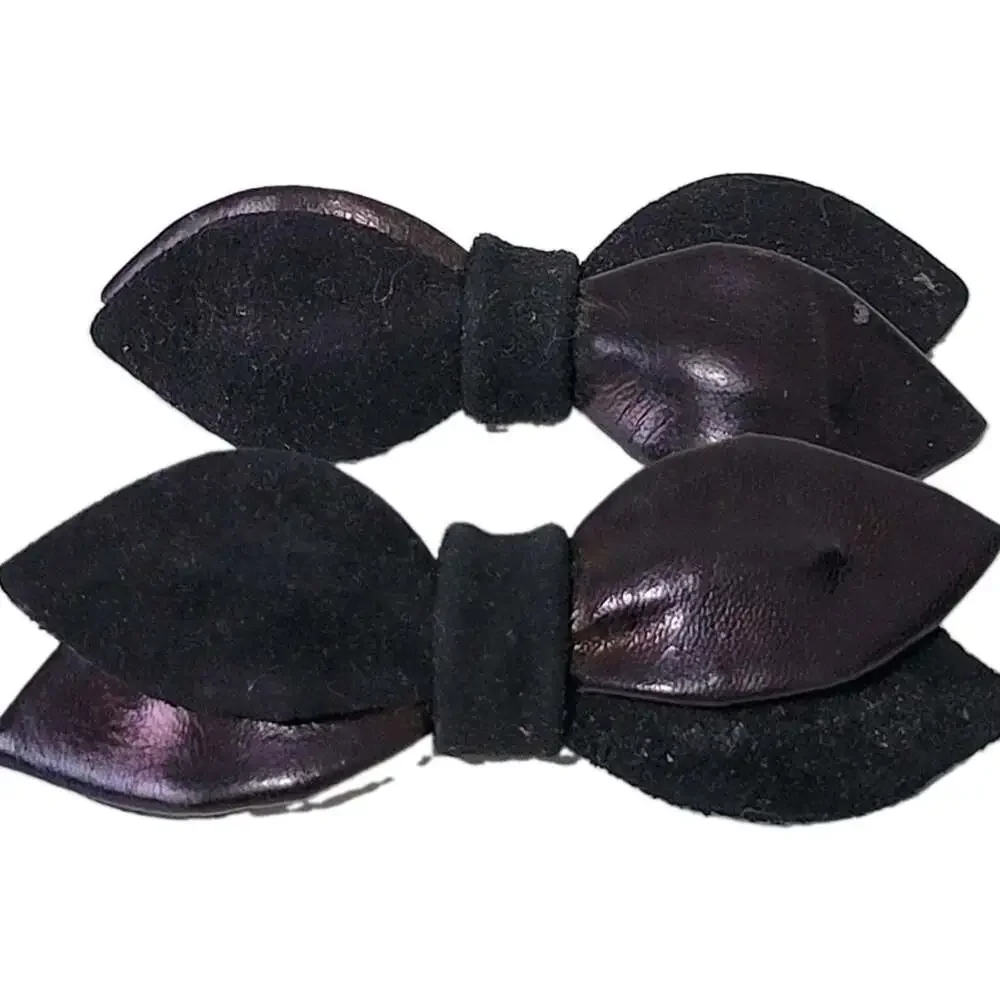 Vintage Shoe Clips Black Double Bow Leather Suede 4